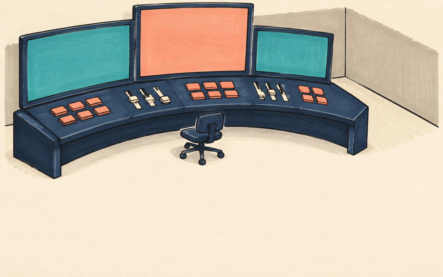 A hand-drawn isometric illustration of an empty television control room, with a large curved navy console, three monitors showing plain teal and peach fields…