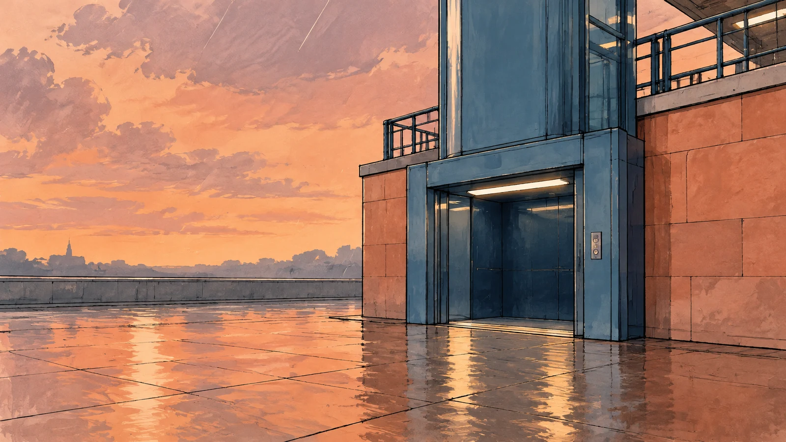 An open blue metal lift is built into a terracotta station structure above a wet, reflective pavement, with railings and a peach-colored sky behind it.