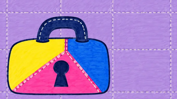A broad, squat padlock with lemon-yellow, hot-pink and cobalt sections and a navy keyhole sits across the lower-left of a lavender stitched background, leaving…