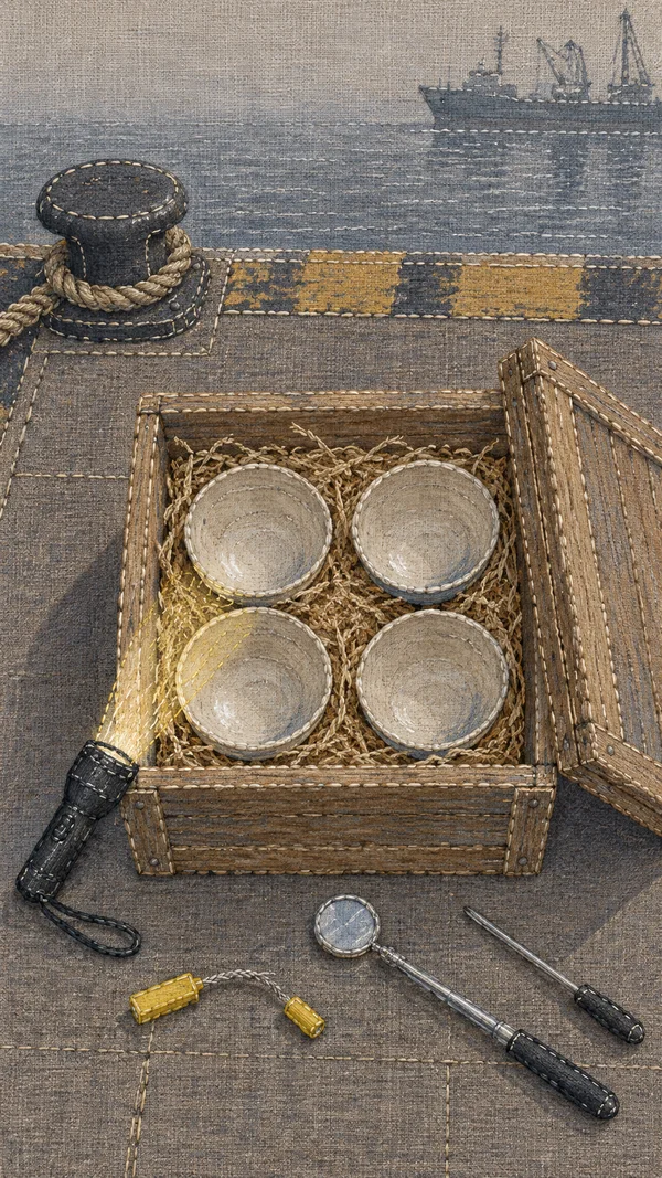 An overhead textile-style illustration of an open wooden crate holding four ceramic bowls in straw, with its lid propped beside it.
