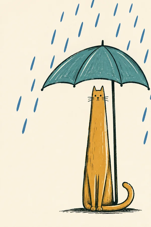 A very tall ochre cat stands beneath a broad teal umbrella on a cream background, with blue rain strokes around the canopy and a curled tail beside a dark…