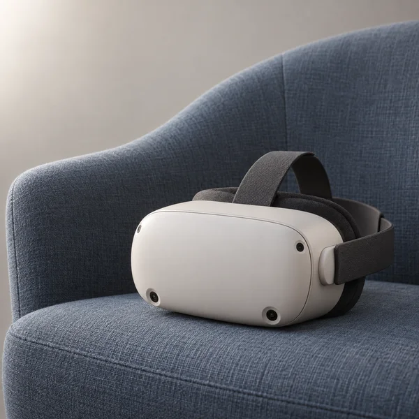 An ivory VR headset with a dark woven strap rests on the cushion of a slate-blue upholstered lounge chair, with the curved chair back filling the background…