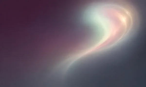 A luminous pearlescent plume with a rounded head and a long, curved tail fades across a smooth plum-to-slate abstract gradient, leaving much of the left side…