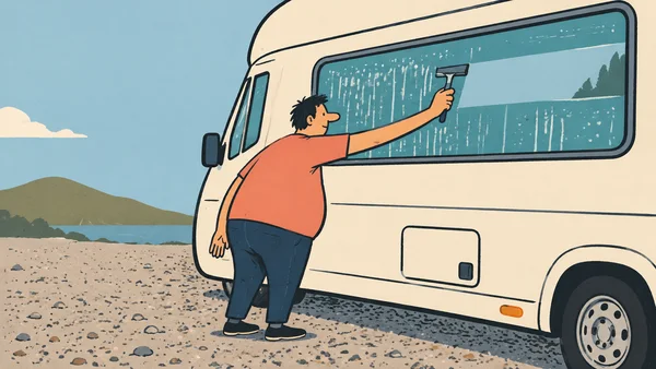 A cartoon traveler in a coral shirt and navy trousers uses a squeegee on the oversized teal window of a cream camper parked on a gravel turnout, with a low…