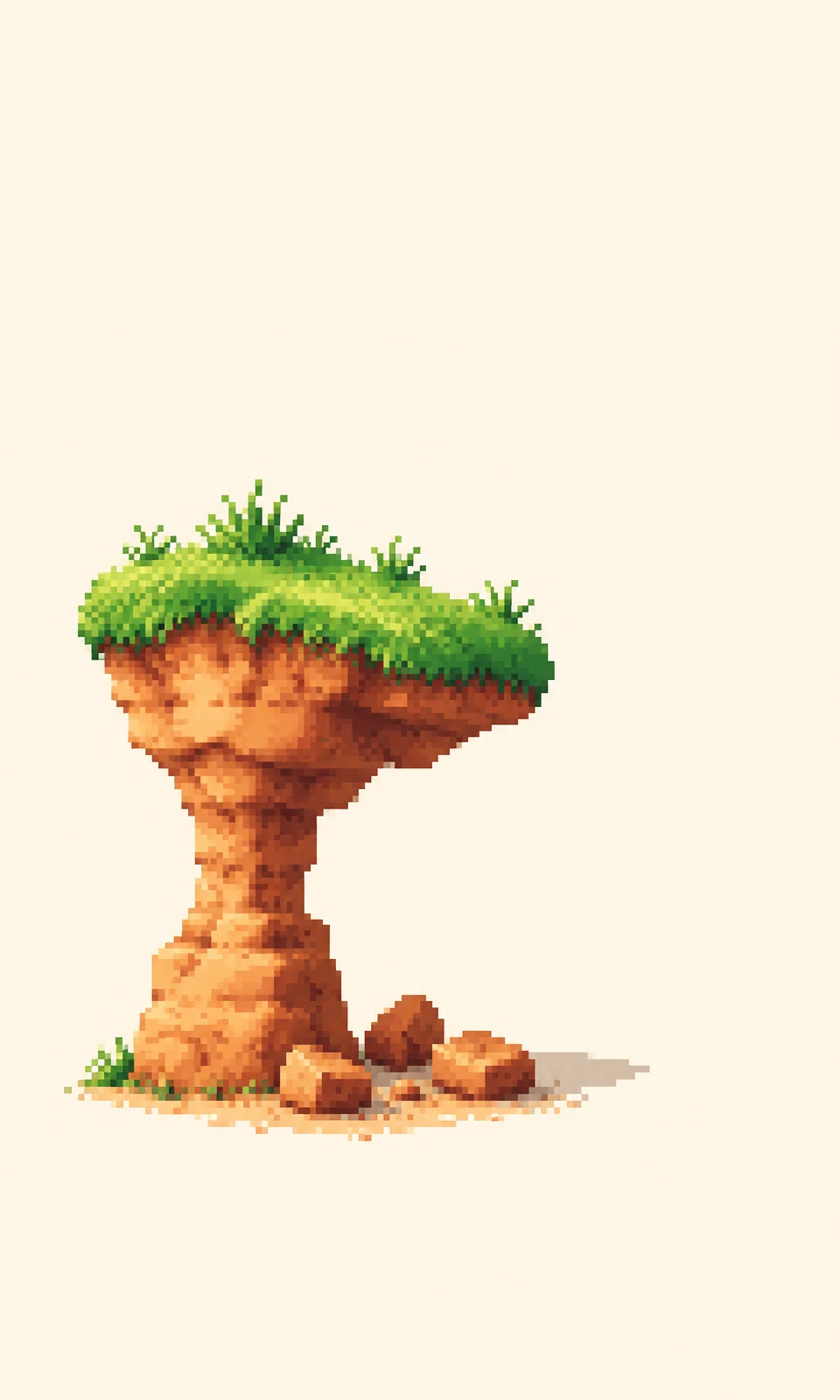 A pixelated illustration of a weathered ochre earthen pillar with a wide grassy crown, standing on a small patch of ground with three fallen earth fragments…