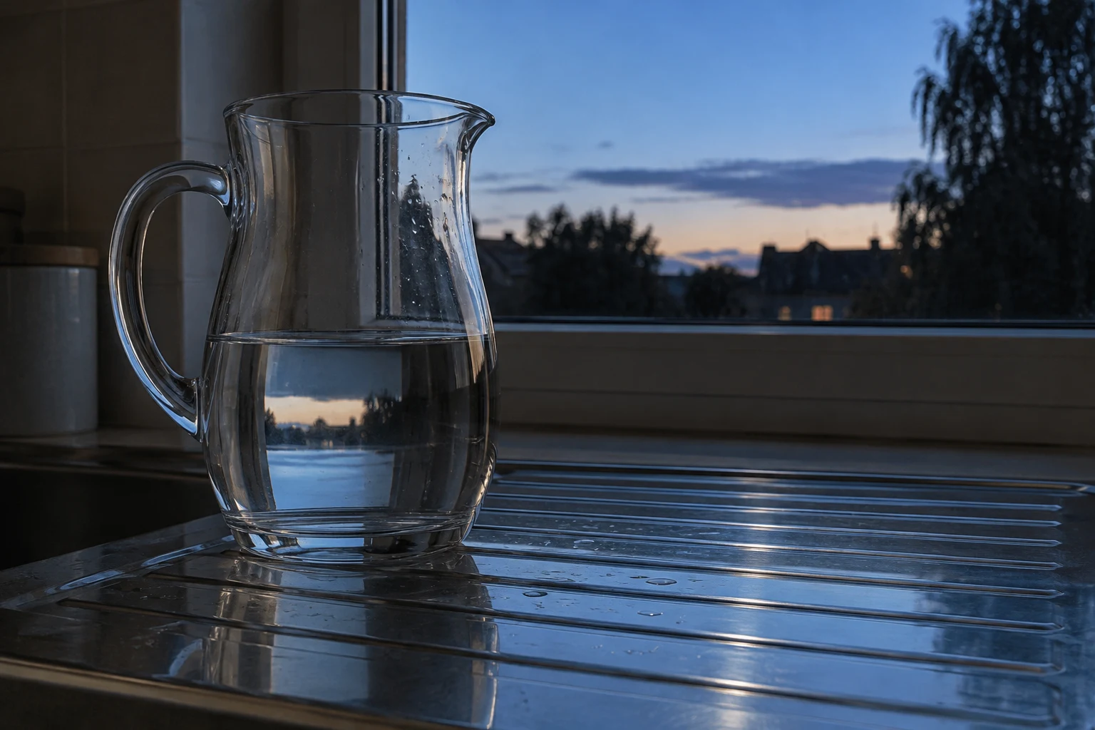 A clear glass water pitcher, about half full, sits on a wet stainless-steel draining board beside a kitchen window at dusk.
