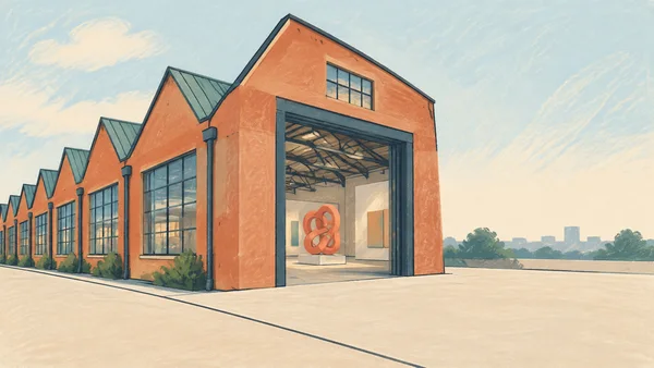 A long terracotta industrial building with repeated teal sawtooth roofs and blue-grey windows recedes toward a large open gallery doorway.
