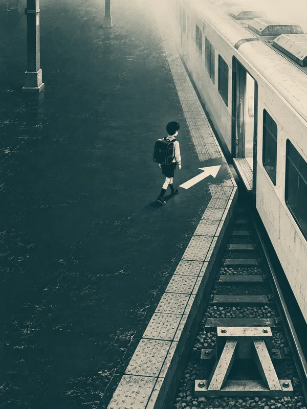 A school-age child with a large backpack walks toward an open door on an ivory train, following an ivory arrow across a dark teal platform.