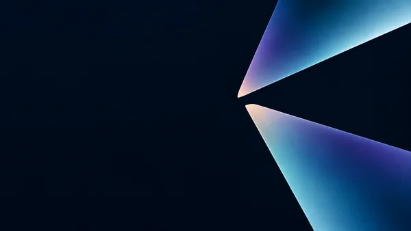 Two luminous blue-violet gradient planes extend in from the upper-right and lower-right edges, their pale peach-lit tips nearly meeting against a dark navy…