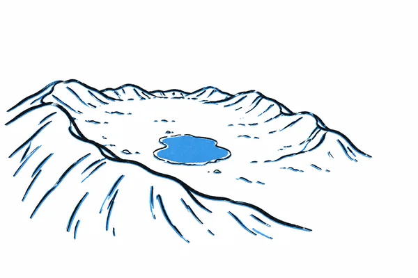 A hand-drawn oblique view of a broad ring-shaped basin, with rounded ridges around a mostly empty white floor and a small blue pool near the centre.