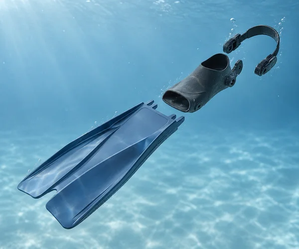 An exploded diving fin floats diagonally underwater, with a blue split blade below a dark foot pocket and a curved heel strap.