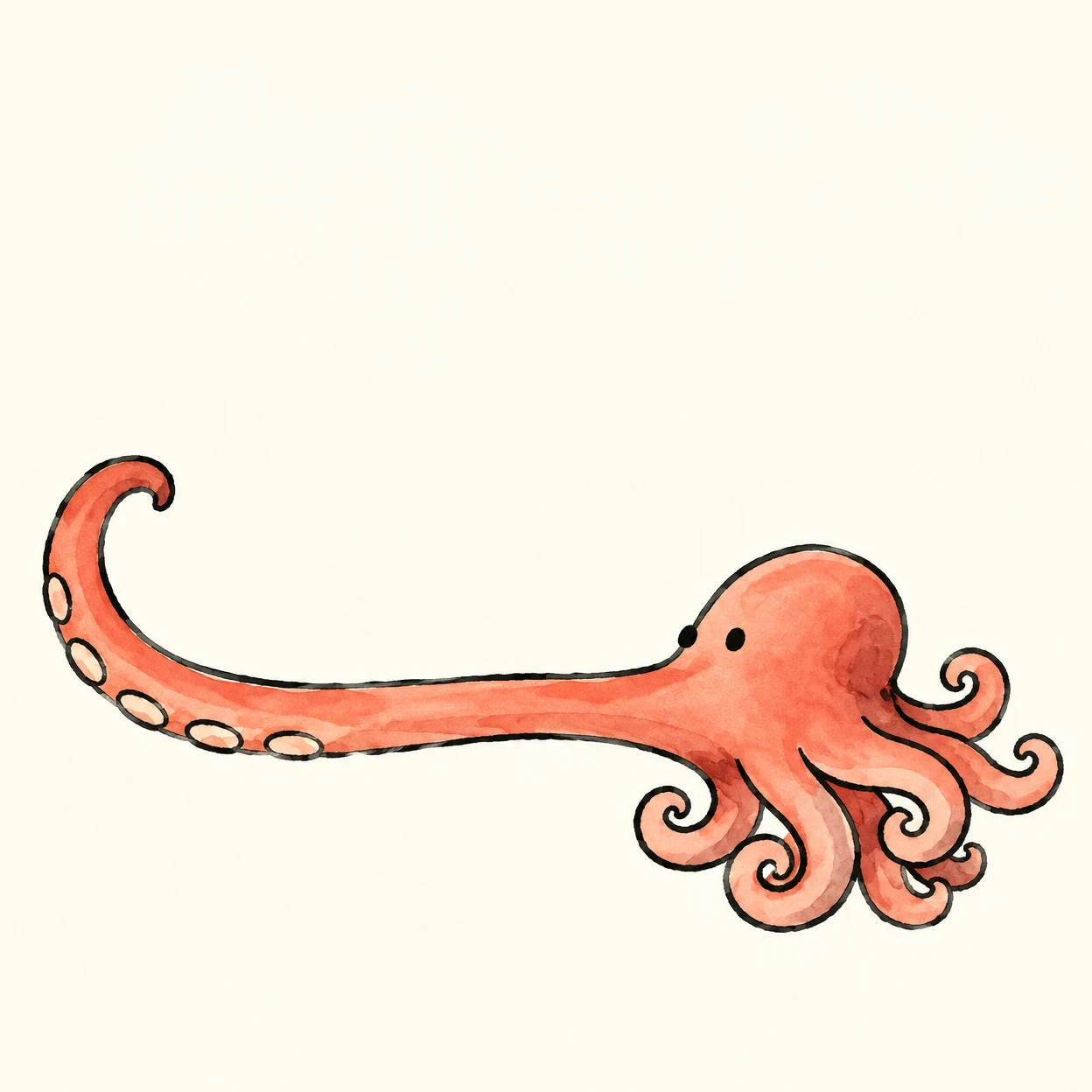 A coral-colored hand-drawn octopus stretches one long, sucker-marked arm leftward into an upward hook, with several curled arms beneath its rounded head on a…