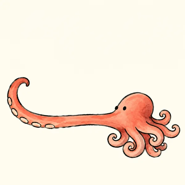 A coral-colored hand-drawn octopus stretches one long, sucker-marked arm leftward into an upward hook, with several curled arms beneath its rounded head on a…