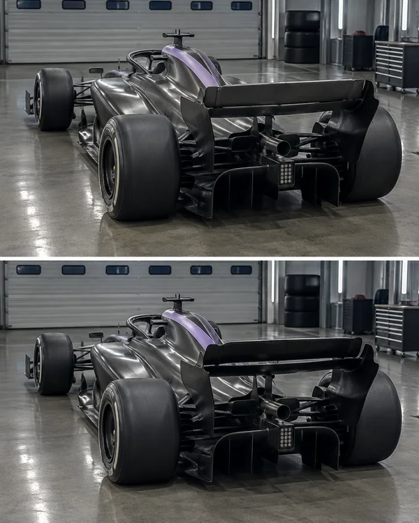 Two stacked rear three-quarter views of a single-seat racing car in a pit garage; the lower view shows a narrow gap beneath the rear-wing flap.