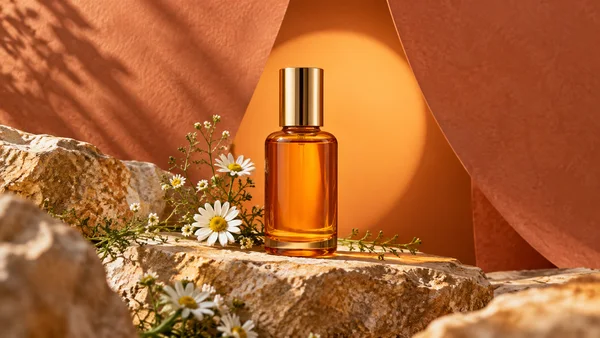 An unlabelled amber-orange glass bottle with a metallic gold cap stands on sunlit natural rocks, surrounded by small white daisies and green stems.