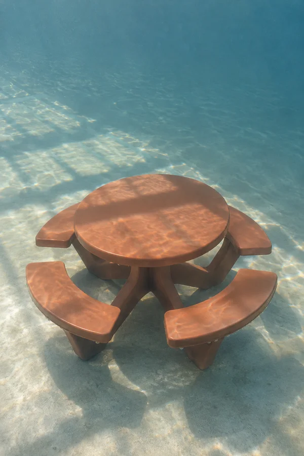 A terracotta-colored round picnic table with four curved bench seats and radial supports sits fully submerged on a pale floor, with broad rippling light…