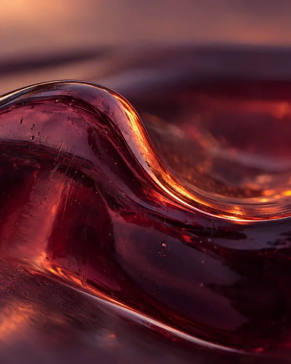 A translucent plum-colored glass ridge sweeps across the frame, with bright ember-orange highlights along its curved edge and deep wine shadows beneath it.
