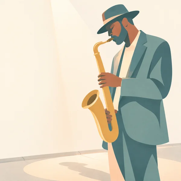 A stylized adult saxophonist in a wide-brimmed hat plays an ochre saxophone against a warm ivory background, with a pale spotlight pool and shadow on the…