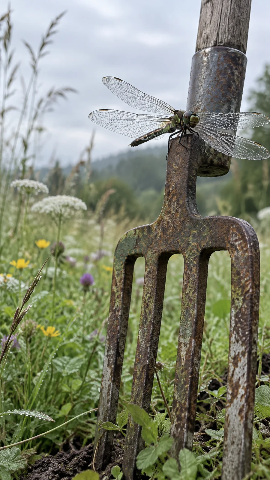 A green-and-bronze dragonfly with outstretched, dew-speckled wings perches on the rusted metal head of an upright garden fork in a damp wildflower meadow.