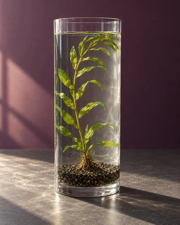A tall clear glass cylinder filled with water and dark gravel holds a leafy green plant with visible roots.