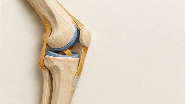 An overhead mixed-media knee diagram on ivory textured paper, with pale wood forms for the bones, blue-painted joint surfaces and meniscus, and ochre tendon…