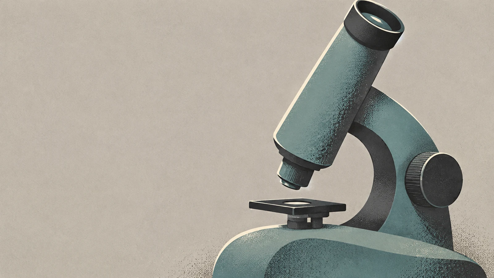 A stylized muted-teal desktop microscope with a long angled eyepiece, curved arm, large focus knob, and small stage stands against a warm-grey textured…