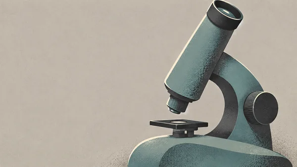 A stylized muted-teal desktop microscope with a long angled eyepiece, curved arm, large focus knob, and small stage stands against a warm-grey textured…