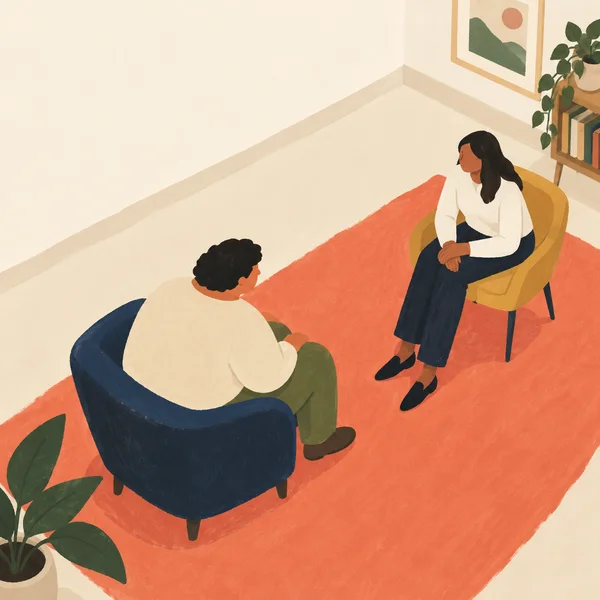 An adult in a navy chair faces a long-haired adult in an ochre chair across a large coral rug, viewed from above in a cream-colored room with plants, books and…