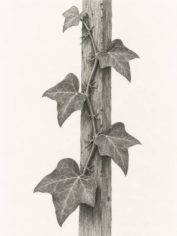 A graphite-style botanical illustration of five lobed ivy leaves growing alternately along a stem attached to a vertically grained strip of wood, with small…