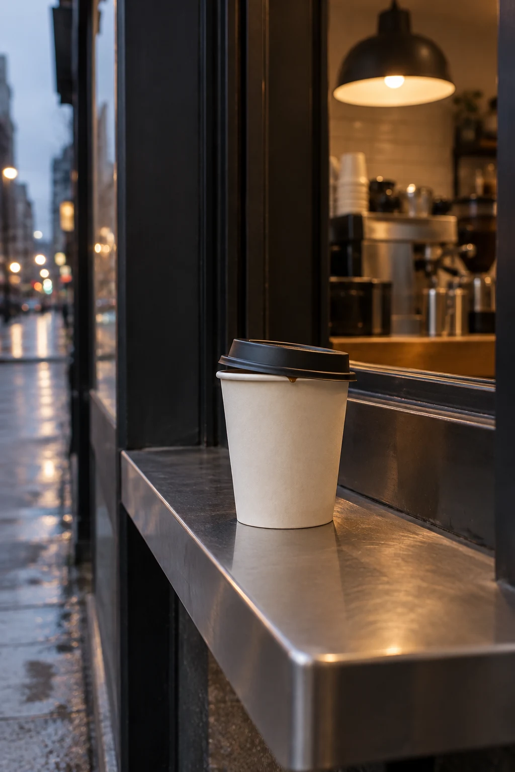 A plain cream takeaway cup with a charcoal lid sits on a brushed metal café hatch ledge at dusk; warm light glows inside while the wet pavement and blurred…