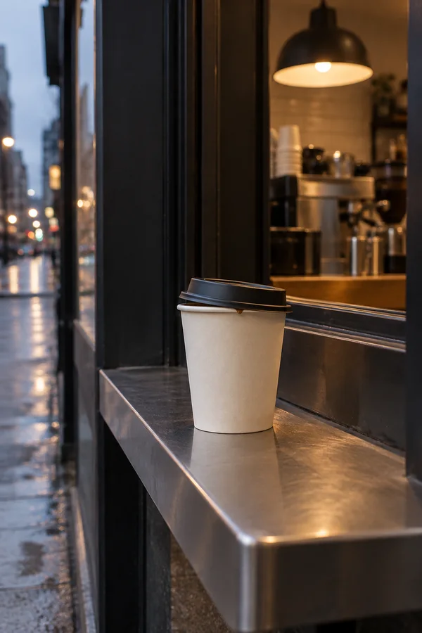 A plain cream takeaway cup with a charcoal lid sits on a brushed metal café hatch ledge at dusk; warm light glows inside while the wet pavement and blurred…