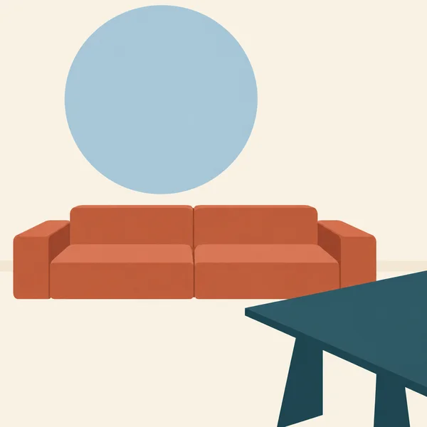 A chunky terracotta sofa sits against a warm ivory wall beneath a large circular pale-blue window.