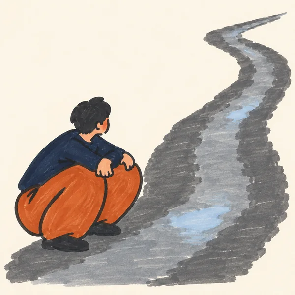 A person with short dark hair squats in rust-orange trousers at the lower left, looking toward a broad charcoal-grey path that curves up to the right…