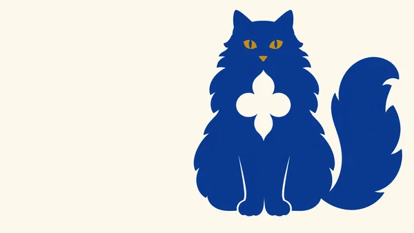 A front-facing cobalt-blue longhair cat sits on the right side of a warm ivory field, with a large ivory trefoil on its chest, ochre eyes and nose, and a broad…
