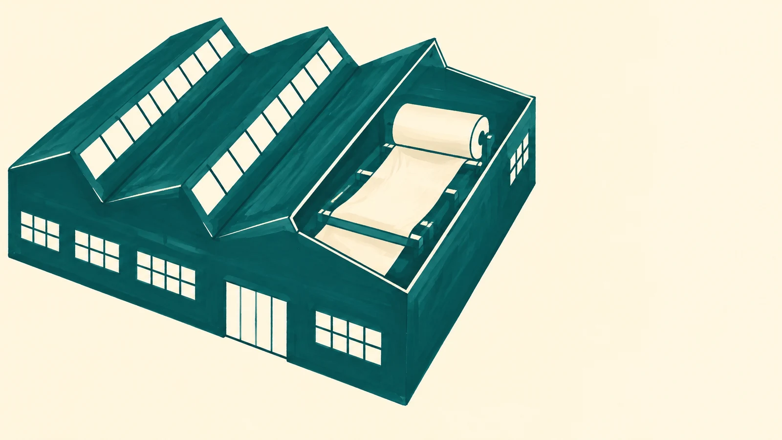 A dark-teal textile mill with three sawtooth roof ridges sits on a warm cream background; an open roof bay shows a large cream fabric roll feeding cloth over a…