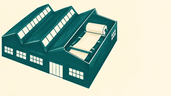 A dark-teal textile mill with three sawtooth roof ridges sits on a warm cream background; an open roof bay shows a large cream fabric roll feeding cloth over a…