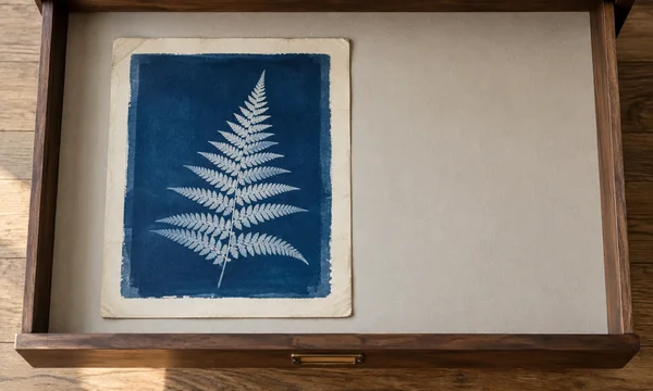 A botanical cyanotype with a pale fern lies left of centre on ivory paper inside an open walnut flat-file drawer, with empty conservation board to the right…