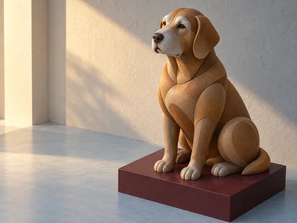A seated caramel-brown geometric dog sculpture with a gray-white muzzle rests on a deep burgundy plinth in a pale blue room, lit by warm diagonal afternoon…