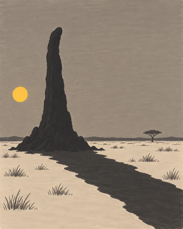 A towering charcoal termite mound rises from a pale savanna, casting a long diagonal shadow toward the lower-right; a yellow sun and a distant flat-topped tree…