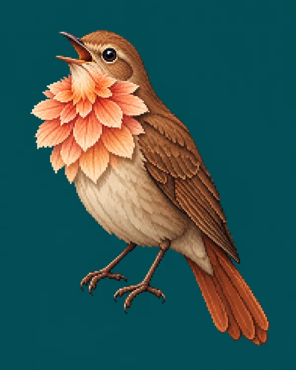 A brown-and-buff bird in three-quarter profile sings with its beak open, its throat feathers fanning into a layered peach-and-apricot flower-shaped ruff…