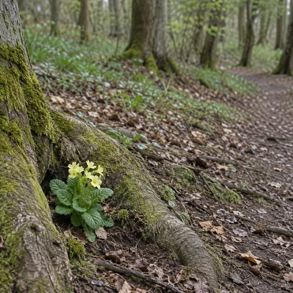 A small primrose with pale yellow flowers and crinkled green leaves grows between moss-covered roots beside a leaf-strewn woodland path, with softly blurred…