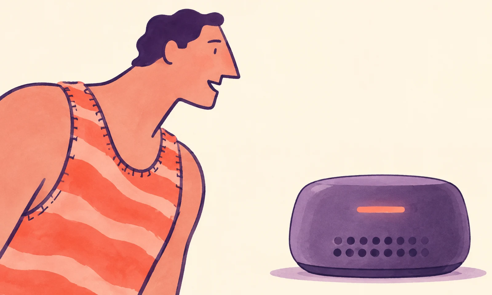 A cropped broad-shouldered adult in a coral striped sleeveless top leans in profile toward a squat violet smart speaker with a glowing coral indicator and two…