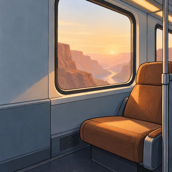 An empty cinnamon-brown upholstered train seat sits beside a tall rounded window, with cool blue-grey carriage panels and a short vertical grab pole.