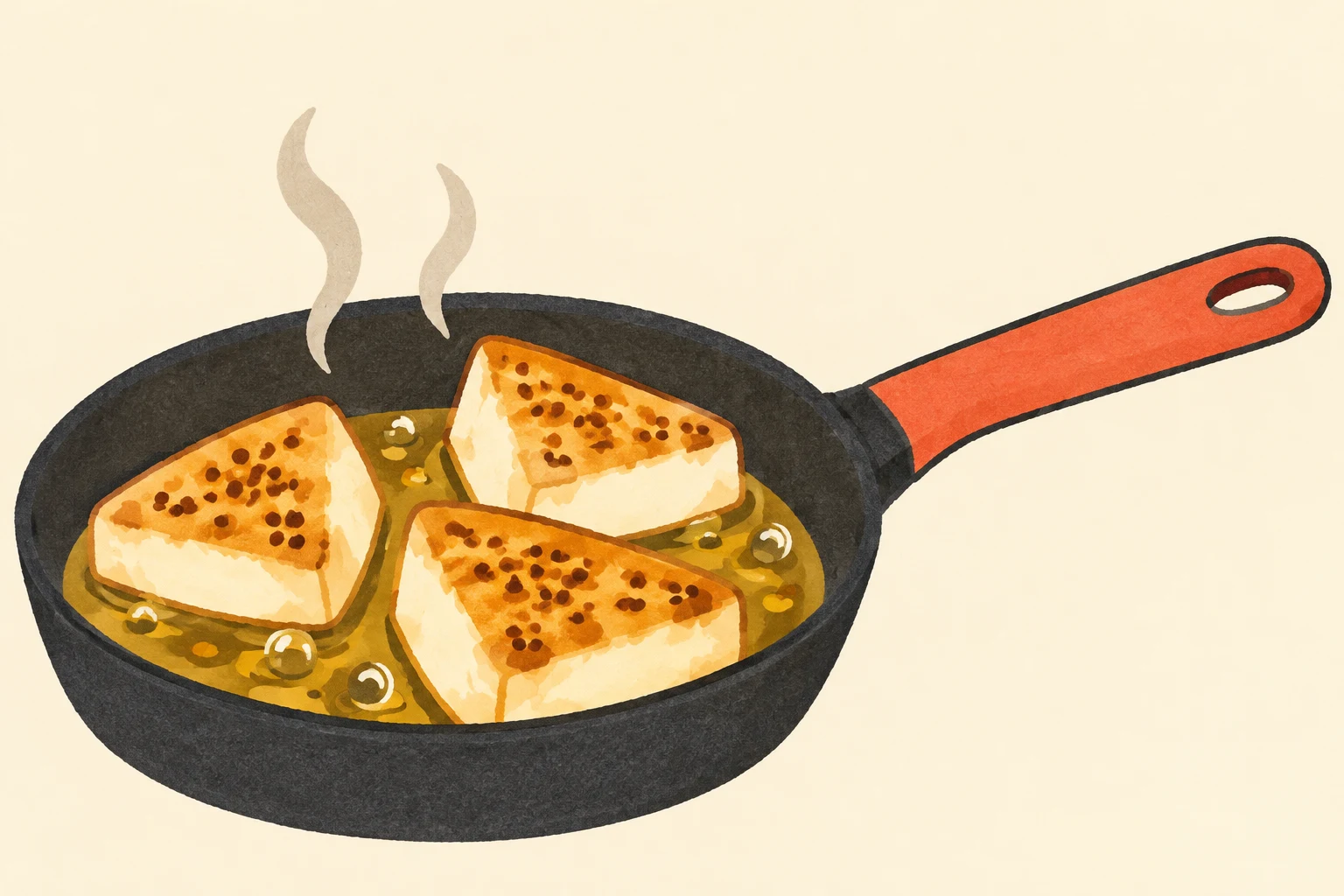 A charcoal frying pan with a long coral handle holds three triangular tofu wedges with golden seared faces in bubbling oil; two pale steam curls rise against a…