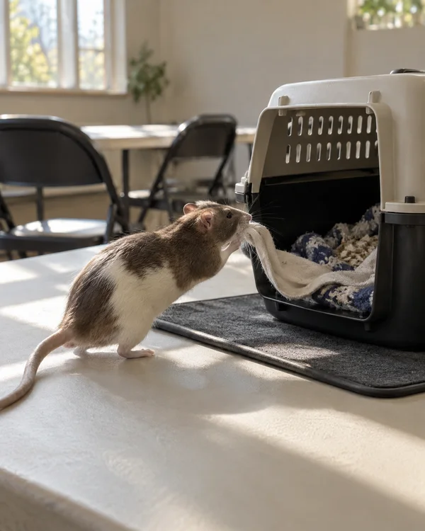 A brown-and-white pet rat grips a pale fabric strip at the open entrance of a ventilated carrier on a dark mat atop a pale table; empty folding chairs and…