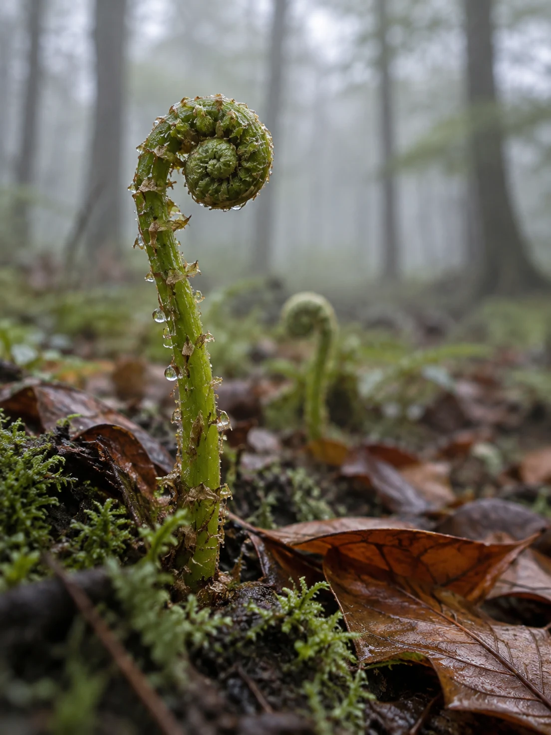 A dew-covered green fern fiddlehead rises from moss and fallen copper-brown leaves, with a smaller blurred fiddlehead and soft tree trunks in a misty woodland…