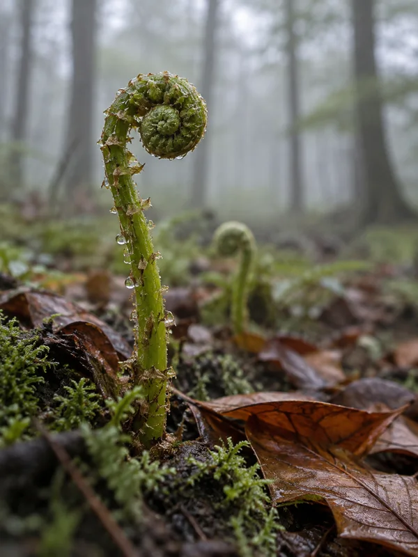 A dew-covered green fern fiddlehead rises from moss and fallen copper-brown leaves, with a smaller blurred fiddlehead and soft tree trunks in a misty woodland…