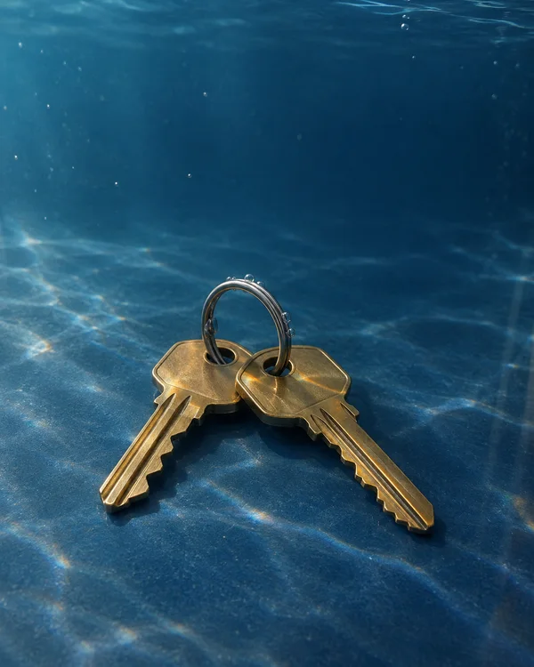Two brass keys on a stainless-steel split ring rest on a deep-blue underwater floor, with rippling light patterns and small bubbles around them.