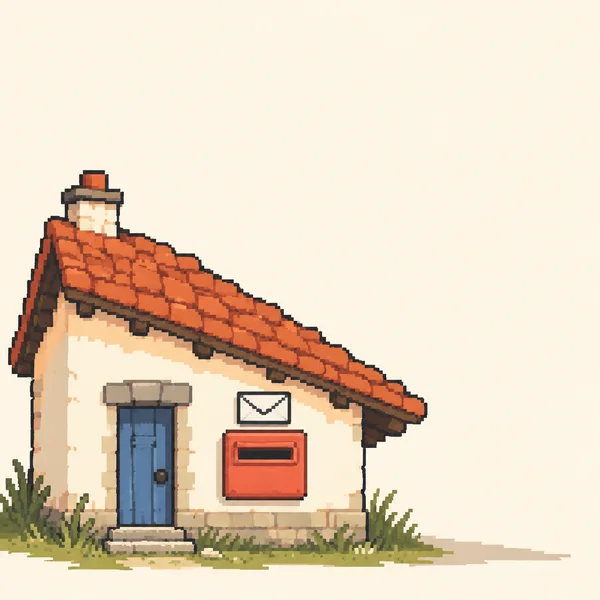 A squat cream post-office building with a long terracotta tiled roof, a narrow blue door, and a coral wall-mounted posting slot sits among grass on a warm…