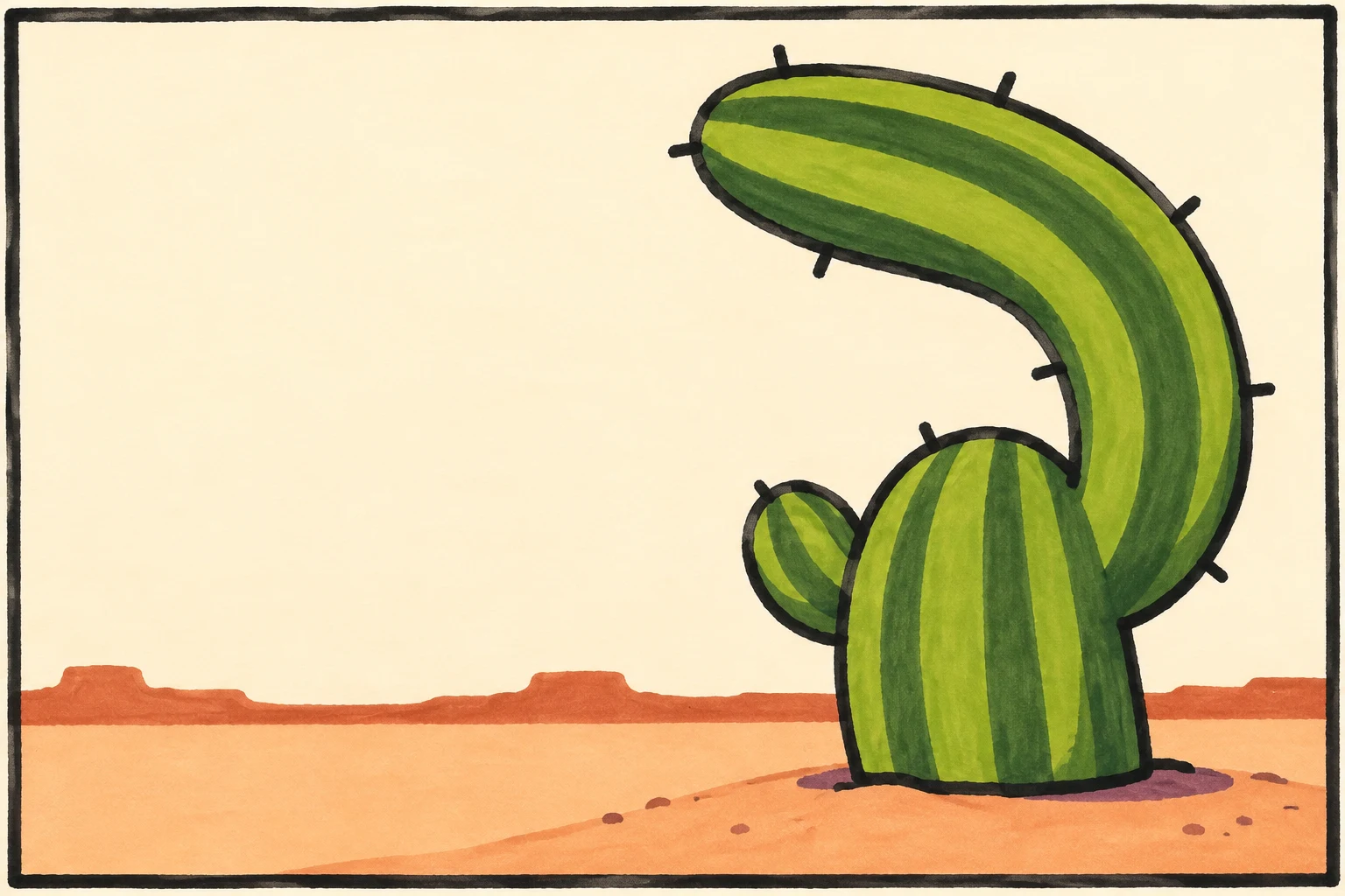 A large green comic-style cactus with a broad trunk, a small left nub and an oversized curved arm stands on peach-colored sand against a cream sky and…